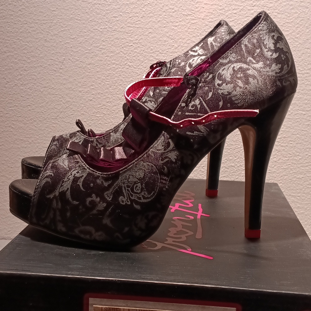 Iron Fist Black and Pink Goth Pattern Peep-Toe Heels - Picture 12 of 14